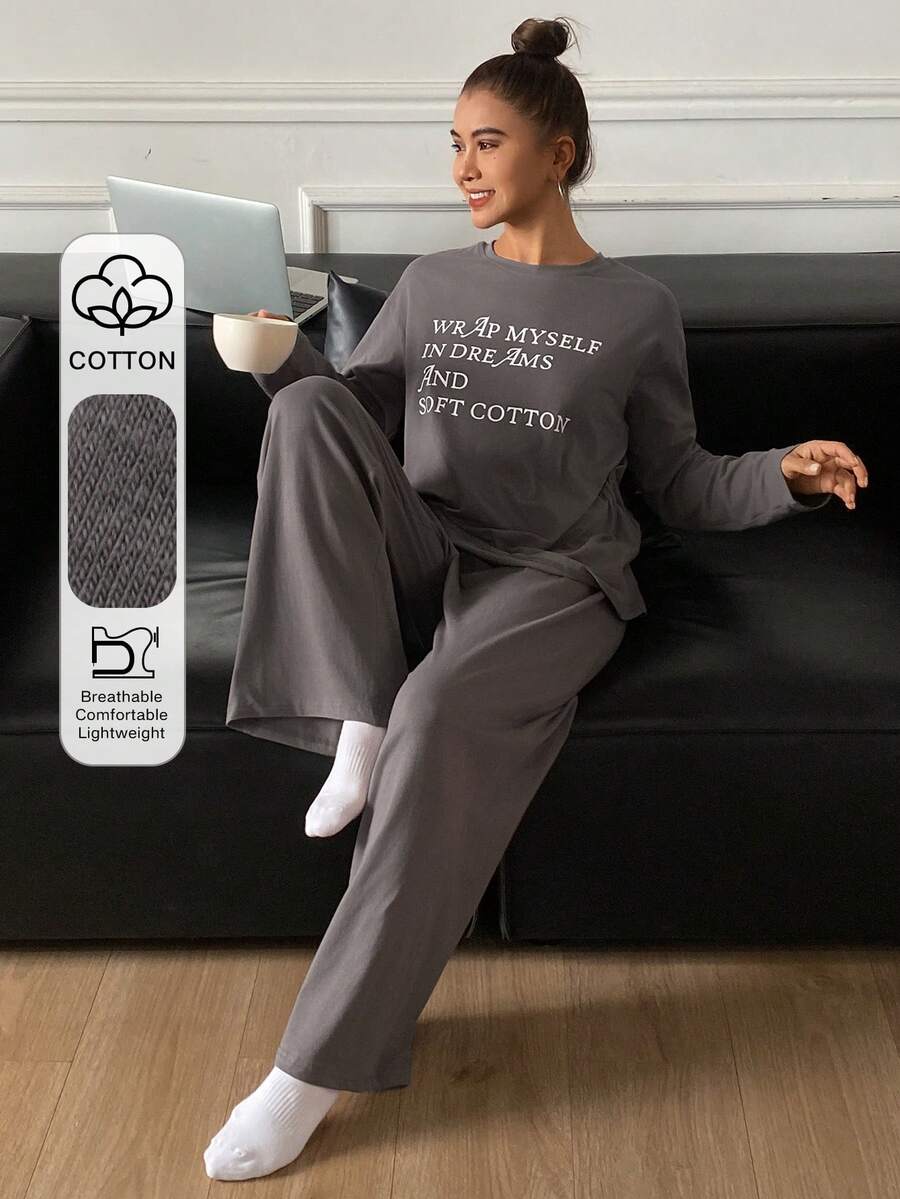 DAZY 两件套女士宽松字母印花长袖上衣和裤子睡衣套装 - 灰色 - 查看 1