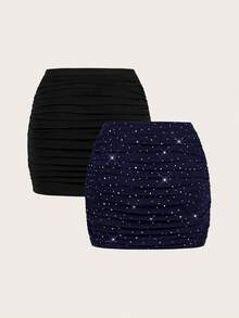 SHEIN EZwear 两件套黑色针织性感网纱亮片装饰女士迷你裙套装，适合派对穿着 - 寶藍色 - 查看 2