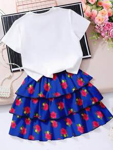 2 Stücke/Set Outfit für Kleine Mädchen, Mädchen Weißes Kurzarm T-Shirt mit Laternendruck und blauer Blumen-Rüschenrock, von Nahost inspirierte Mode - Verschiedenfarbig - Übersicht 2