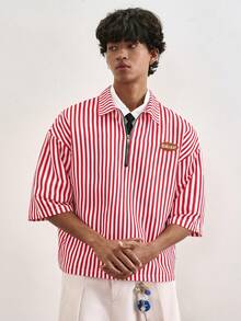 TOKVUE TOKUVE 男士休闲 Polo 衫，年轻时尚的拉链门襟 Polo 衫，简约休闲条纹面料，日常穿着，灵感源自 ，短袖翻领 T 恤/Polo 衫，适合音乐节、度假和日常穿搭，男士休闲衬衫，居家休闲，度假文化，可个性化定制，送给丈夫或男友的礼物 - 紅色 - 查看 4
