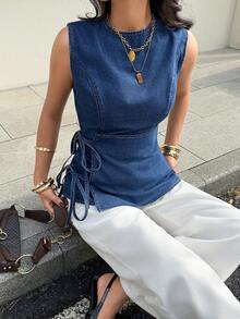 Siren Gaze Women's Blue Denim Wrap-Style Shirt With Bow Tie, Elegant Women's Clothing,Spring Break Outfits ,Valentine Clothes Summer Casual - Dark Wash - View 5