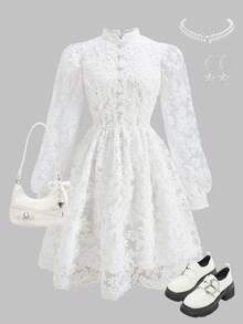 Elegant Lace Lantern Sleeve Cinched Waist Ruffle Puff Dress, & Luxurious Style For Teenage Girls