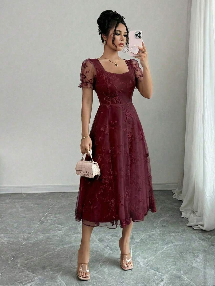 Rafferiza 女士优雅甜心领泡泡袖刺绣网纱收腰中长连衣裙，夏季 - 酒紅色 - 查看 1
