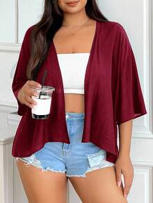SHEIN EZwear Summer Short Thin Lightweight Textured Plus Size Short Jacket In Fall/Winter Women's Cardigan Summer Cardigan - Burgundy - View 1