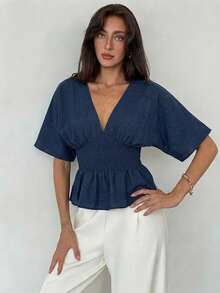Aloruh Deep V-Neck Ruffle Hem Waist Cinched Commuter Shirt - Blue - View 6