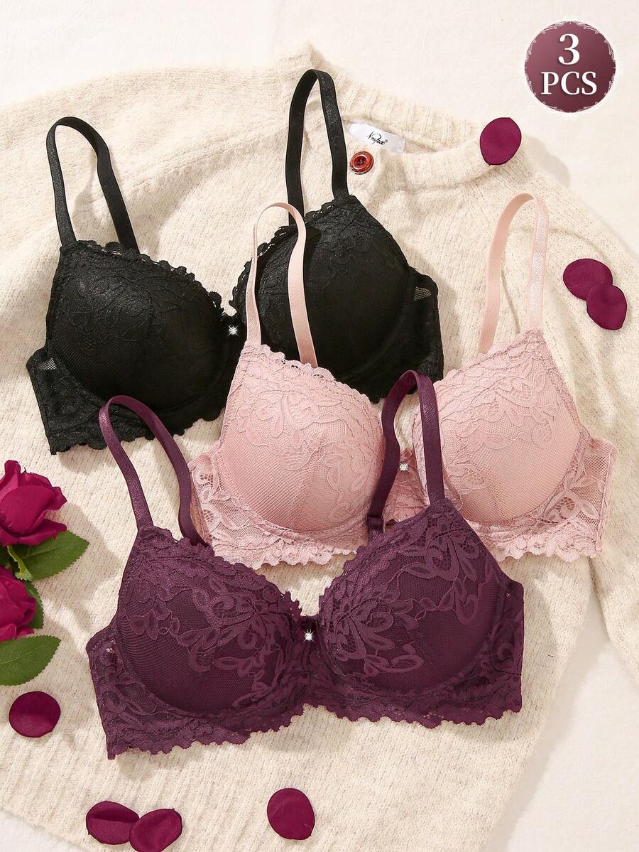 3pcs/Set Lace Women's Underwire Bra, Valentine's Day - Multicolor - View 1