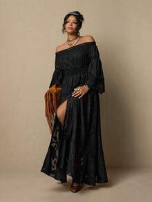 SHEIN LUNE 大码女式露肩荷叶边拼接灯笼袖休闲连衣裙，适合派对和假日穿着 - 黑色 - 查看 6