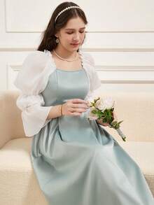 青少年女孩優雅淺青色夏季婚禮賓客禮服，泡泡袖V領A字長款公主裙，日常休閒淺藍色洋裝 - 綠色 - 查看 5