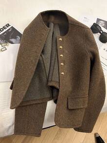 Franclia Fashionable French Exquisite Outing Short Coffee Color Round Neck Long Sleeve Coffee Color Short Coat Ladies Autumn And Winter Woolen Coat Ladies Winter Wear Fashionable Ladies Coat