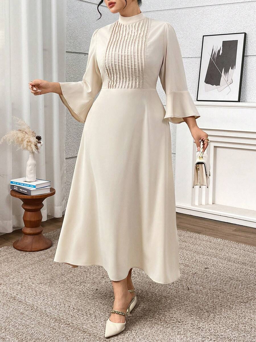 Modelyn Plus Size Elegant Solid Color Bell Sleeve Midi Dress, Suitable For Commuting - Apricot - View 1