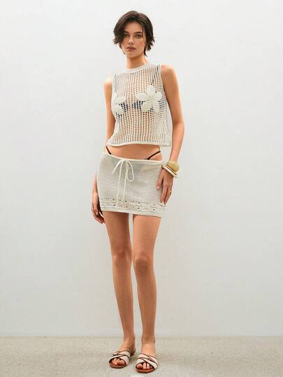 ATUI Studio 2pcs Women Floral Decor Collar Sleeveless Top And Mini Skirt Knit Sweater Set