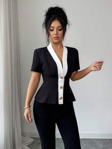 Rafferiza 时尚、优雅、百搭的修身黑白拼接衬衫，配金属扣饰，女士短袖春夏衬衫，女士优雅衬衫，女士复古衬衫，女士休闲通勤衬衫，女士夏季衬衫，女士优雅衬衫，女士外出衬衫，女士休闲通勤衬衫，优雅衬衫，女士职业衬衫 - 黑與白 - 查看 4