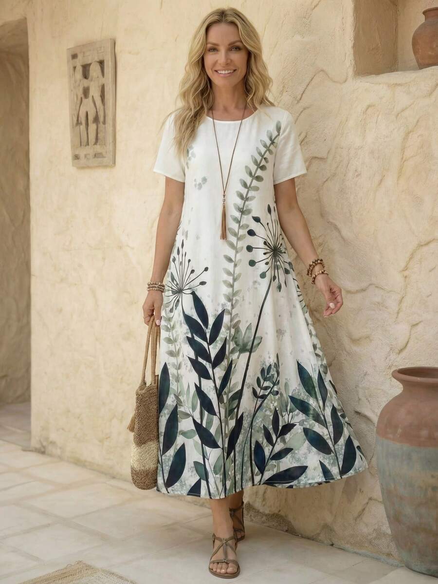 Faunlyn 女性假日休閒植物印花短袖連衣裙 - 彩色 - 查看 1