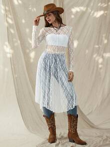 Wildy 美式休闲西部乡村蕾丝女式春夏基本款日常通勤长袖中长连衣裙 - 白色 - 查看 1