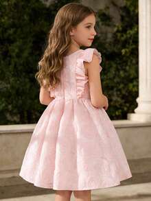 年轻女孩夏季优雅派对宴会提花蕾丝蝴蝶结装饰收腰A字连衣裙 - 粉色 - 查看 2