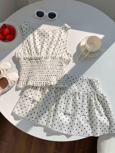 Comfortcana Women's Casual Polka Dot Print Camisole And Mini Skirt 2 Pieces Set, Summer