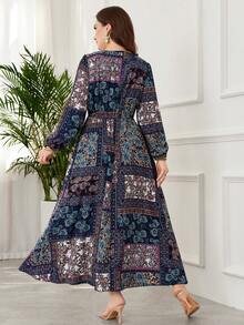 Lacomfia Casual Paisley Print Square Neck Long Sleeve Waist Fit A-Line Midi Dress For Women, Spring/Autumn - Multicolor - View 2