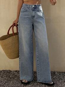 DAZY 女士常规腰围宽松斜插口袋休闲直筒裤 - 中等水洗藍 - 查看 6