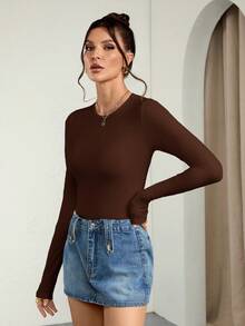 SHEIN Tall 2pcs/Set Women Solid Color Knitted Round Neck Long Sleeve, Casual, Cozy Chic, Slim And Versatile Bodysuit - Multicolor - View 5