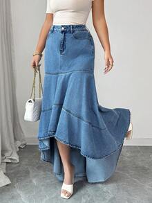Elenzga 女士优雅高腰不对称鱼尾下摆牛仔裙 - 中等水洗藍 - 查看 5