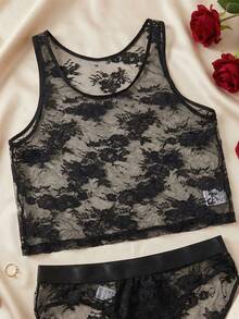 DrisQ 男士性感内衣，黑色蕾丝边，露肩款式，适合音乐节、派对和度假等场合。 - 黑色 - 查看 1