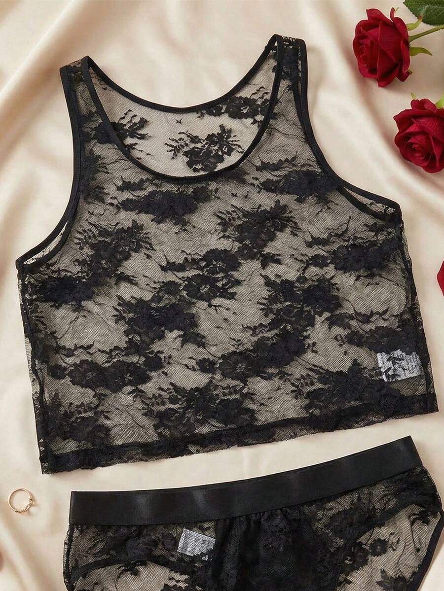 DrisQ 男士性感内衣，黑色蕾丝边，露肩款式，适合音乐节、派对和度假等场合。 - 黑色 - 查看 1