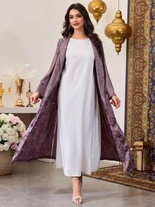 Al Najma Women's Purple Woven Jacquard Long Sleeve Tie-Front Elegant Abaya