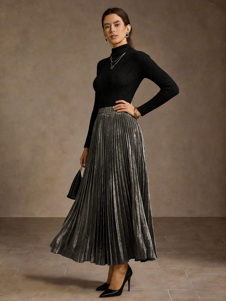 WOMEN'S VINTAGE METALLIC TEXTURED PLEATED HIGH WAIST A-LINE SKIRT