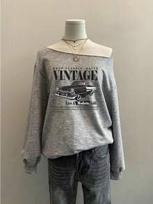 Attitoon Áo sweatshirt tay dài dáng rộng, phong cách retro cổ điển, in hình xe hơi, thích hợp cho nữ, thích hợp mặc mùa thu/đông và đầu xuân. - Màu Xám nhạt - Xem 4