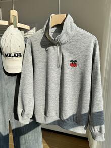 Sweetra Young Tween Girl Cherry Print Loose Fit Casual Pullover Sweatshirt With Half-Zip - Grey - View 5