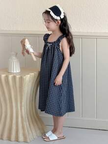 DAZY Young Girl Plaid Dress With Bow Decor And Flutter Sleeves, Loungewear - Navy Blue - View 2