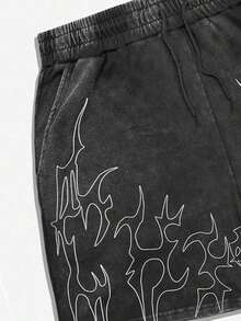 ROMWE MEN Street Life Teen Boys' Fashionable Casual Printed Drawstring Shorts - Black - View 4