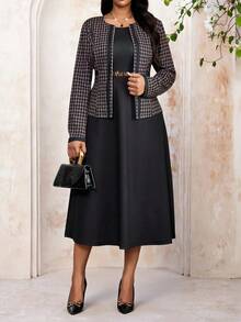 Fleurora Spring And Summer Autumn And Winter Elegant Commuting Office Work Colorful Knitted Flared Long Sleeve Plus Size Co-Ords Winter Clothes Winter Clothes For Women Spring Outfit Women Spring Clothing Elegant Women's Set Elegant Women's Sets Plus Size Women Houndstooth Long Sleeve Cardigan And Round Neck Sleeveless Dress Elegant 2 Pieces Set, Autumn Brown Dress - Multicolor - View 1