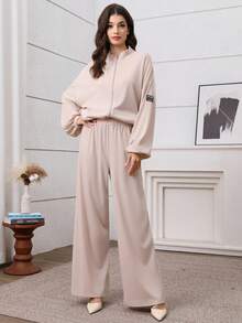 Graceveil Top à manches longues avec design de patch à fermeture éclair abricot + pantalon à taille élastique, ensemble de tenue élégante de style arabe pour femmes - Nude - Voir 2