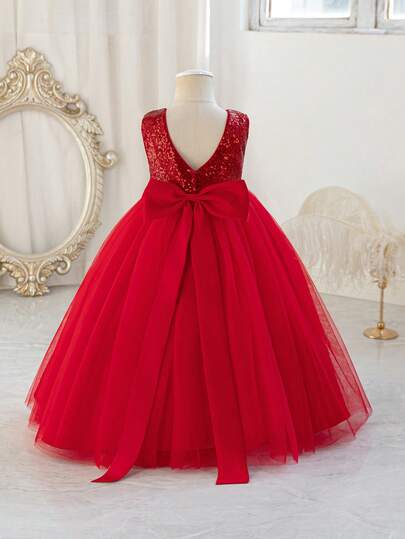 Glamorique Kids Vestido de niña con lentejuelas verdes, tul y satén con decoración de lazo, disfraz de Navidad y Halloween, vestido sin mangas para fiesta de cumpleaños, actuación en el escenario, vestido de gala de alta gama