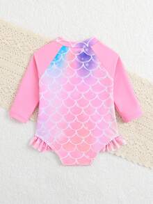 Newborn Fish Scale Print Long Sleeve One-Piece Swimsuit, Sun Protection Suitable For Vacation, Beach Play Baby Swim Suit Girl Long Sleeve Baby Girl Rash Guard Swimsuit Baby Girl Toys Mermaid Baby Outfit Baby Girl Mermaid Swimsuit Mermaid Doll Newborn Baby Girl Clothes