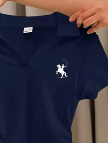 Tween Girls' Solid Color Casual Polo V-Neck Fitted Side Ruched Short Sleeve Cropped T-Shirt - Navy Blue - View 4