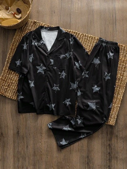 Set de 2 piezas de pijama con estampado de estrella minimalista para adolescentes, compuesto por top de manga corta y pantalones, cómodo