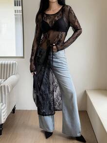 Livesso 女士优雅花卉蕾丝网纱透视长袖T恤，不对称高开衩蕾丝罩衫，适合春夏、情人节、婚礼等场合穿着。 - 黑色 - 查看 4