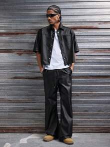 AXEPEAK Conjunto de camisa de manga corta con bolsillo delantero y pantalones casuales de verano para hombre - Negro - Ver 1