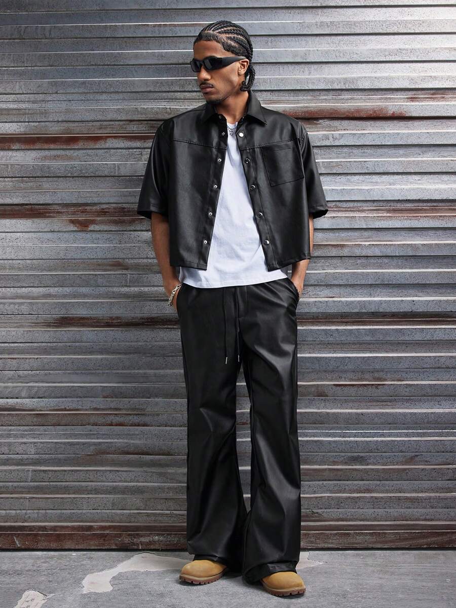 AXEPEAK Conjunto de camisa de manga corta con bolsillo delantero y pantalones casuales de verano para hombre - Negro - Ver 1