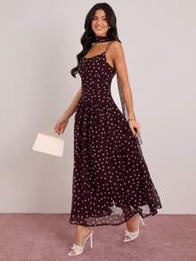 Enchnt Spring/Summer Romantic Women's Brown Polka Dot Print Sleeveless Dress With Neck Ribbon,Sweet&Elegant For Vacation&Date&Holiday&Going Out&Valentine's Day,Spring Outfit Women - Burgundy - View 1