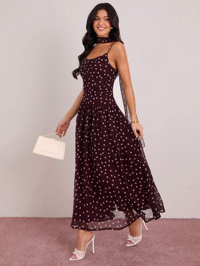 Enchnt Spring/Summer Romantic Women's Brown Polka Dot Print Sleeveless Dress With Neck Ribbon,Sweet&Elegant For Vacation&Date&Holiday&Going Out&Valentine's Day,Spring Outfit Women
