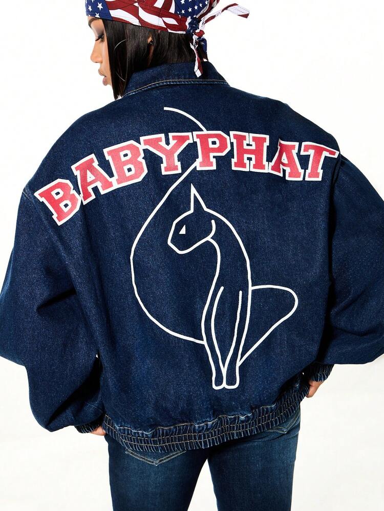 BABYPHAT Oversized Denim Jacket With Logo Print And Zipper Closure For Casual Streetwear Winter Fall Fashion