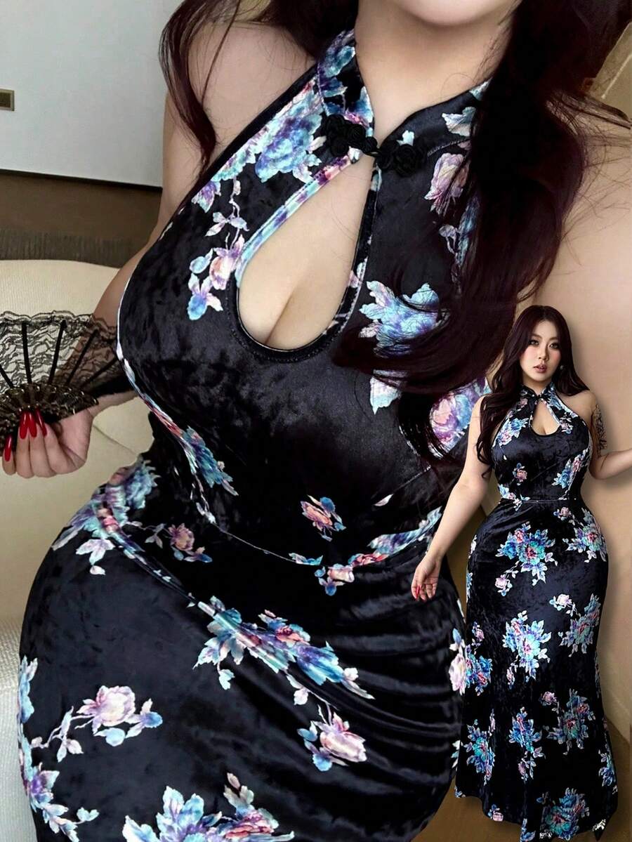 Vibekara Plus Size Women's Purple Floral Cheongsam Style Mermaid Dress Black Floral Dress Chinese Dress Women Asian Dress Plus Size Sexy Dress Curvy Dress Chinese Knot New Year Cheongsam Chinese Style New Year