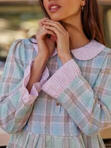 WESTFADE Mixed Plaid & Gingham Collared Button Front Tiered Ruffle Boxy Fit Top Fall, Autumn, Winter, Boho, Casual, Cute, Western Wear, Country - Baby Blue - View 5