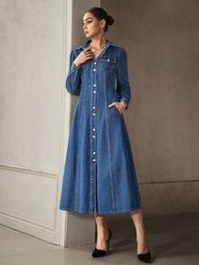 Selenza Women's Fashion Front Button Denim Dress, Suitable For Commuting - Dark Wash - View 5