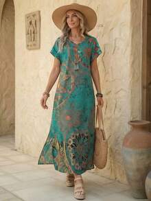 Faunlyn 女式復古花卉印花V領蝙蝠袖休閒夏季長裙連衣裙