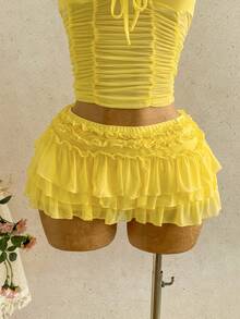 Soleia 女士度假浪漫雪纺褶皱多层裙摆半身裙，适合海滩、海边、性感、约会、海滩度假、假日、下午茶、婚礼季、海滨邮轮度假、城市度假、波西米亚风度假、音乐节、嬉皮风、西部风情等场合。 - 淡黃色 - 查看 3