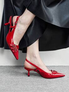 CUCCOO BIZCHIC 女士尖头单跟猫跟鞋，简约时尚，朋克风凉鞋，春季鞋履，春假复活节舞会高跟鞋 - 熱烈紅色 - 查看 3